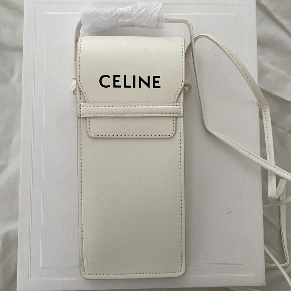 CELINE PHONE POUCH WITH FLAP IN OFF WHITE